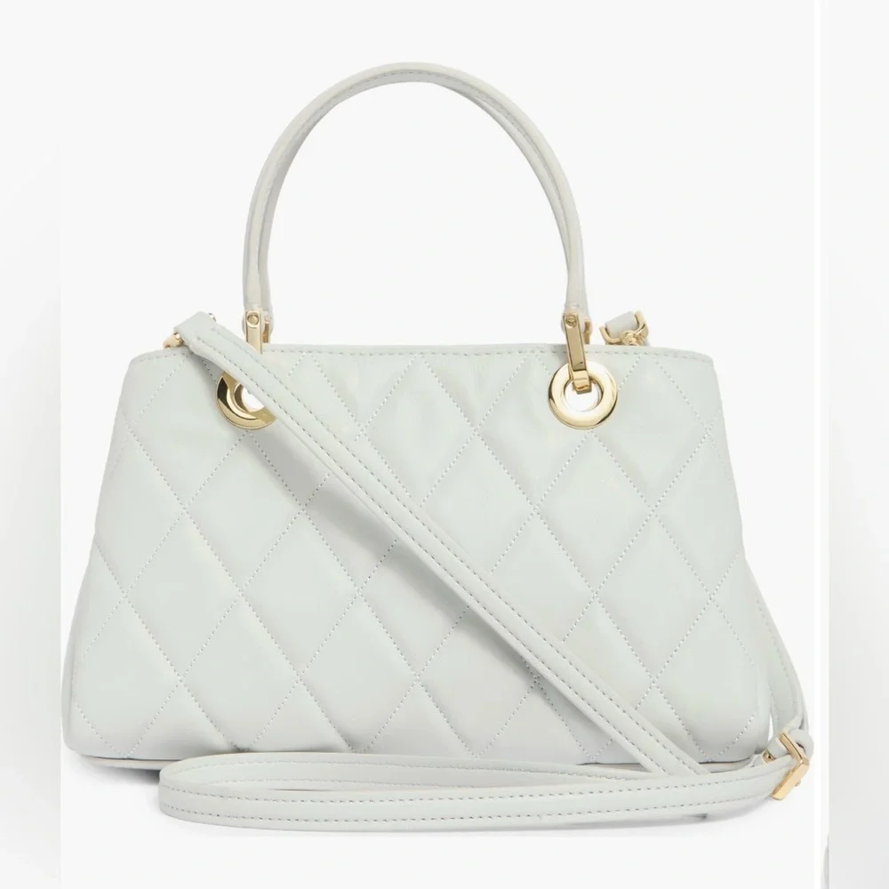 KATE SPADE Satchel Leather Quilted Handbag White Stone Path Light Grey Purse - Picture 13 of 15